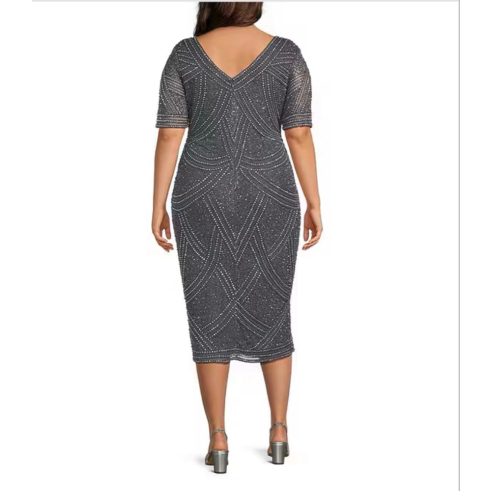 NWT Pisarro Nights Beaded Mesh V-Neck Short Sleeve Sheath Midi Dress SZ 2 - Picture 8 of 8